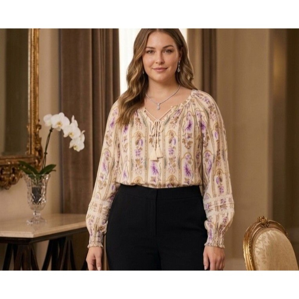 Jane Delancey Floral Top Blouse Size XL Tie Neck Long Sleeve Flowy Cottage